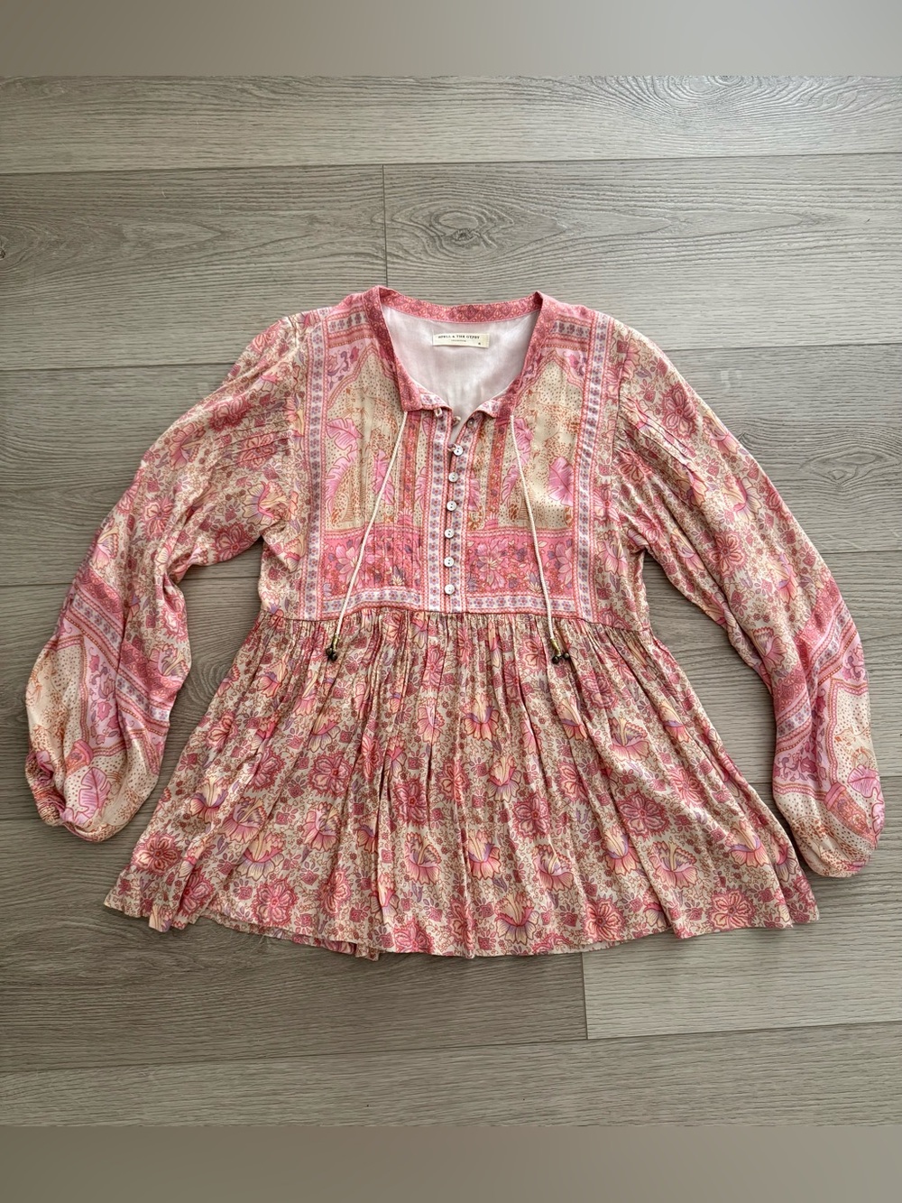 Spell & The Gypsy Collective Pink Cream Floral Peplum Tie-Neck Tunic